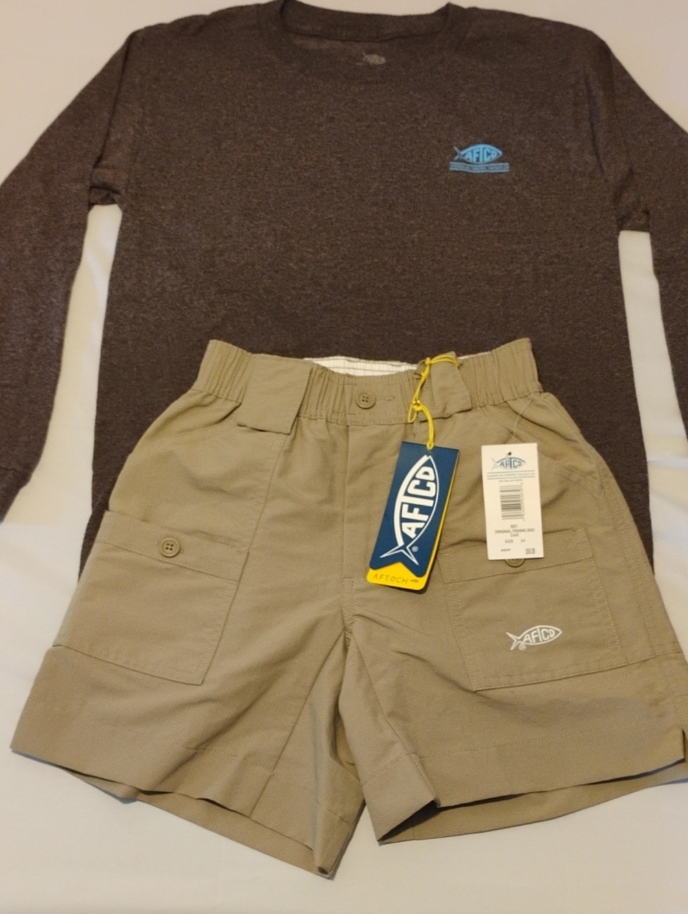 AFTCO Youth Fishing Set: NWT Oak Shorts Sz 24 & Like New Brown LS Tee Sz S